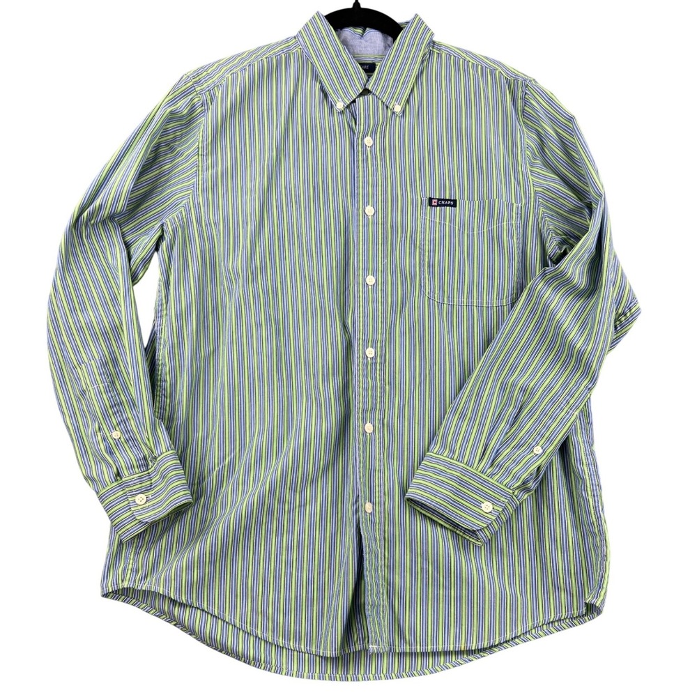 Chaps Mens Medium Green Blue Striped Long Sleeve Button Down Easy Care Shirt